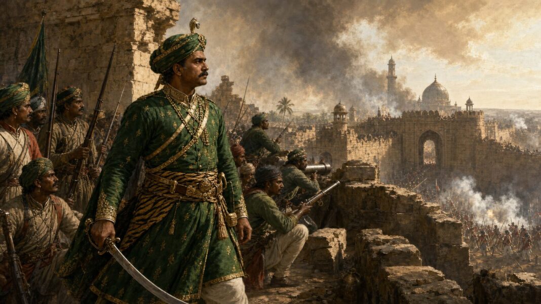 Tipu Sultan’s Last Stand at Seringapatam Editorial illustration of Tipu Sultan standing with Mysorean defenders at Seringapatam in 1799